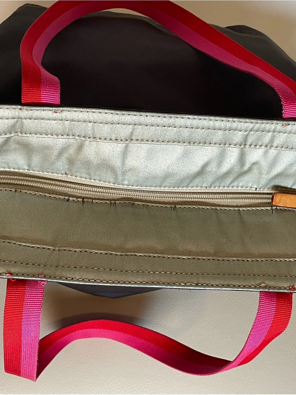 kate spade black tote with pink and red trim